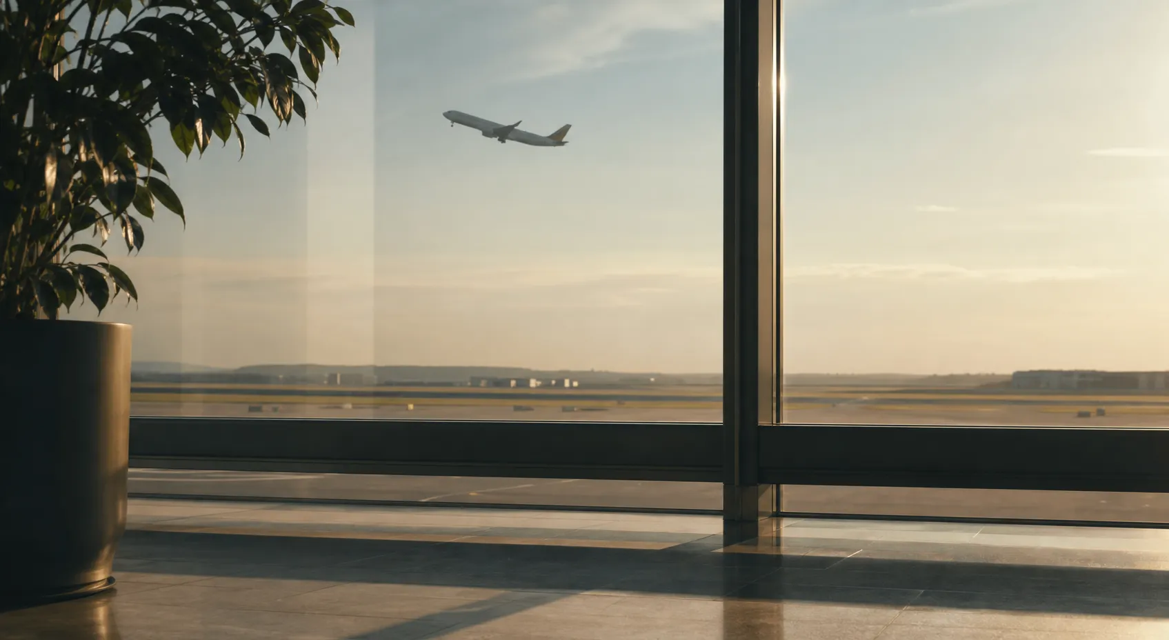 An airplane departing beyond a quiet airport window.