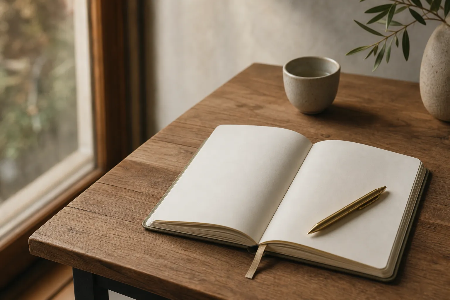 An open notebook and pen in soft window light.