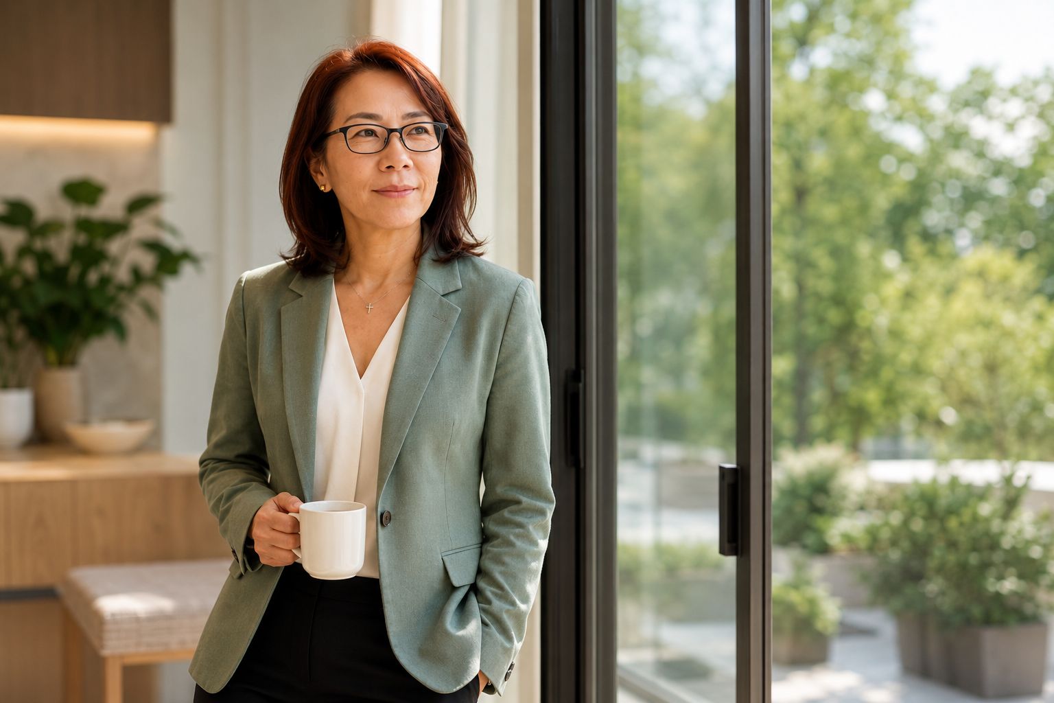 Hiromi Kuehn reflecting beside a window.